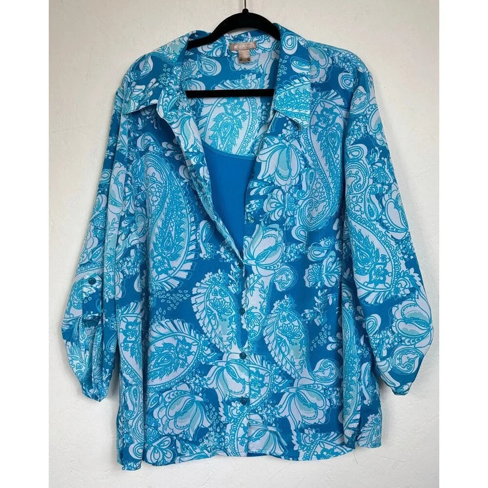 White Stag Blue 3/4 Sleeve Button Up Blouse Women's 3X